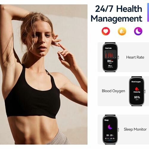 Woman in workout attire with health monitoring smartwatch features displayed.