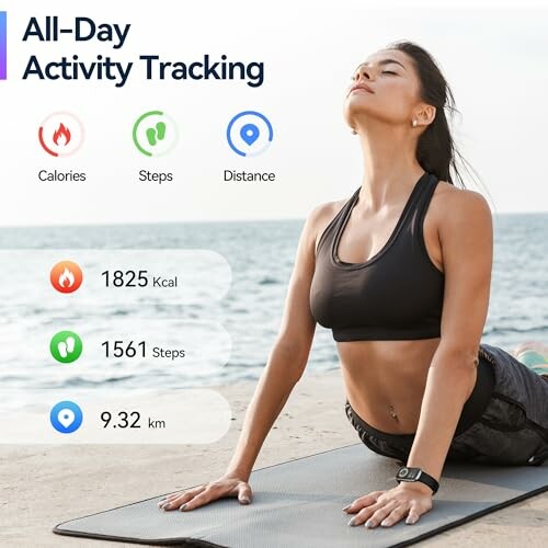 Woman doing yoga on beach with fitness tracking stats.
