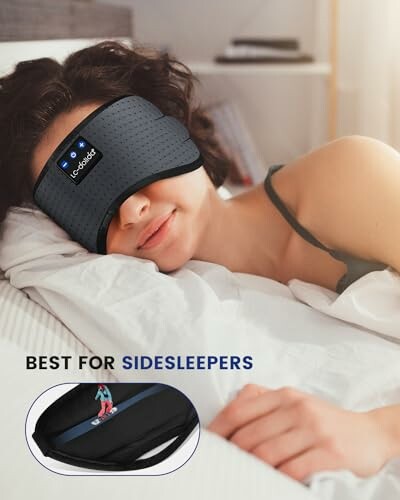 Person wearing a sleep mask designed for side sleepers.